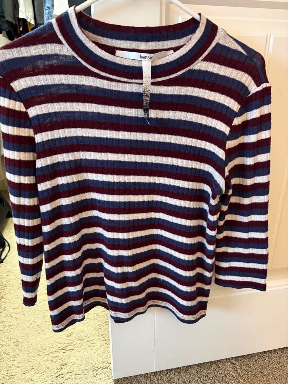 kensie Striped Ribbed Crew Sweater in Burgundy, Navy & White